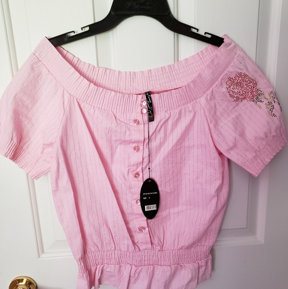 Ladies off the shoulder rhinestone rose shirt